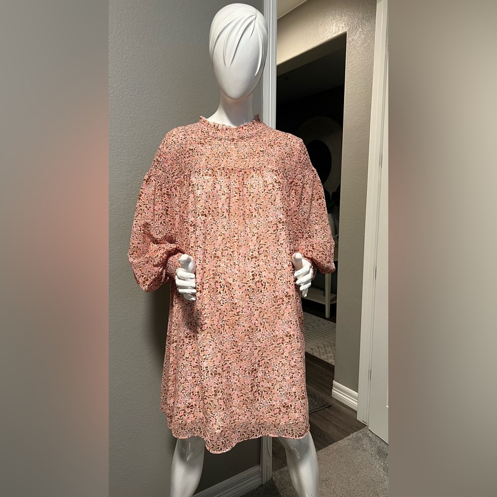 Terra & Sky Women's Smocked Midi Dress; Pink Floral, size 2X (18/20)